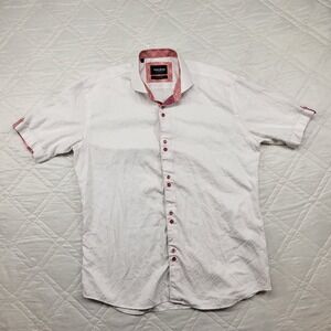 Maceoo meticulously engineered white button front shirt trimmed in coral sz 4/L